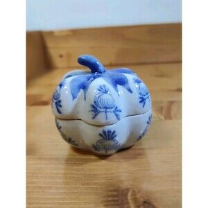 Vintage Blue and White Pumpkin Shaped 2" Trinket Box Porcelain